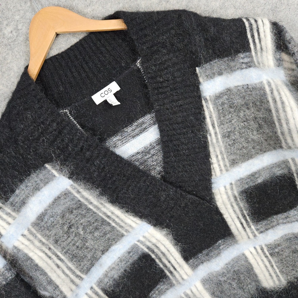 COS Black and Light Blue Plaid Mohair Blend V-Neck Sweater
